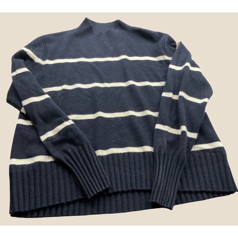 J.Crew Cashmere Sweater Navy Blue White Striped Mock Neck Large Luxury Soft